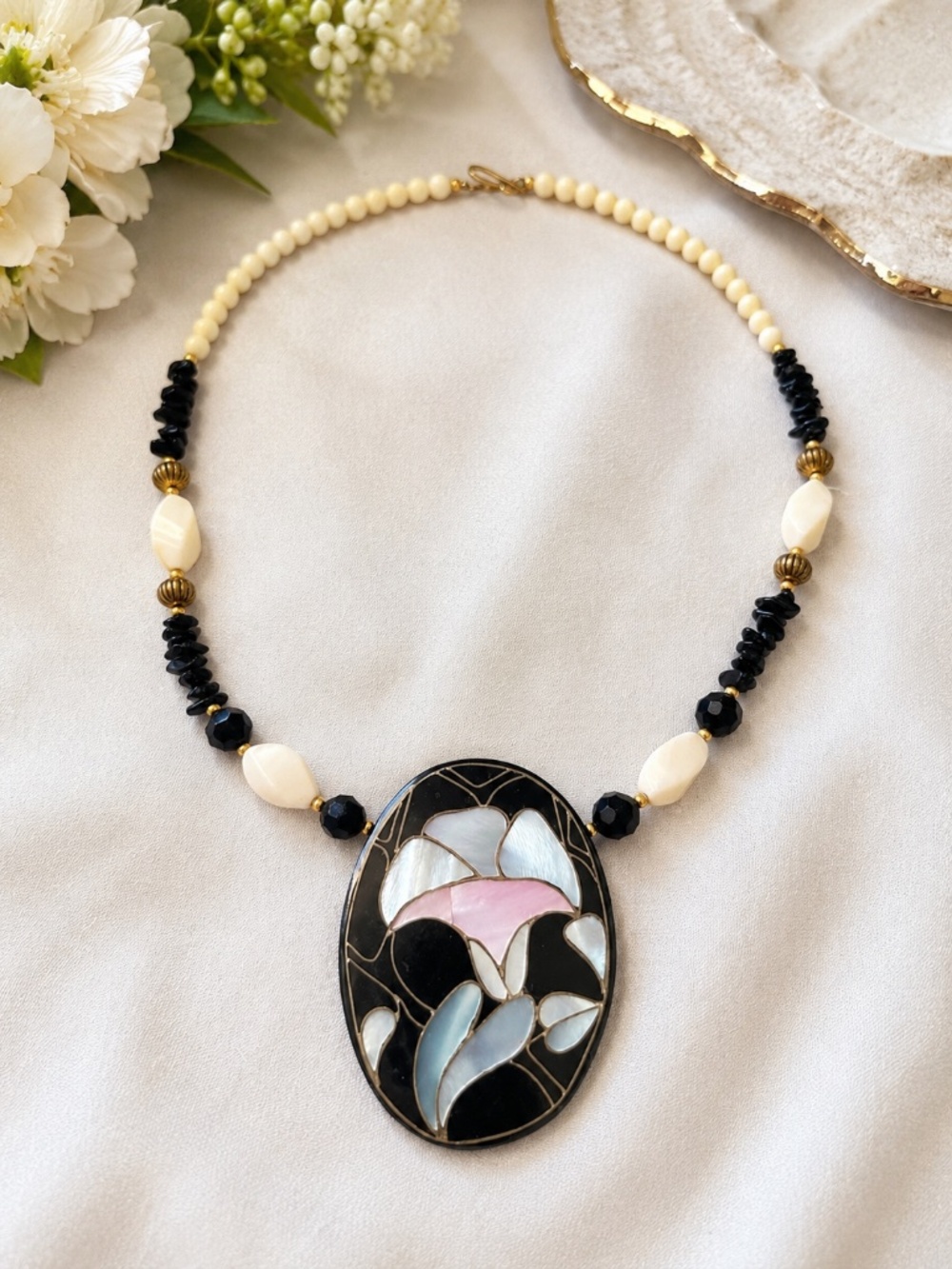 Lee Sands Mother of Pearl Inlay Floral Pendant Necklace | Shell Mosaic Statement